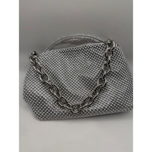 Olga Berg Silver Rhinestone Embellished Clutch Handbag Chain Strap Evening Bag